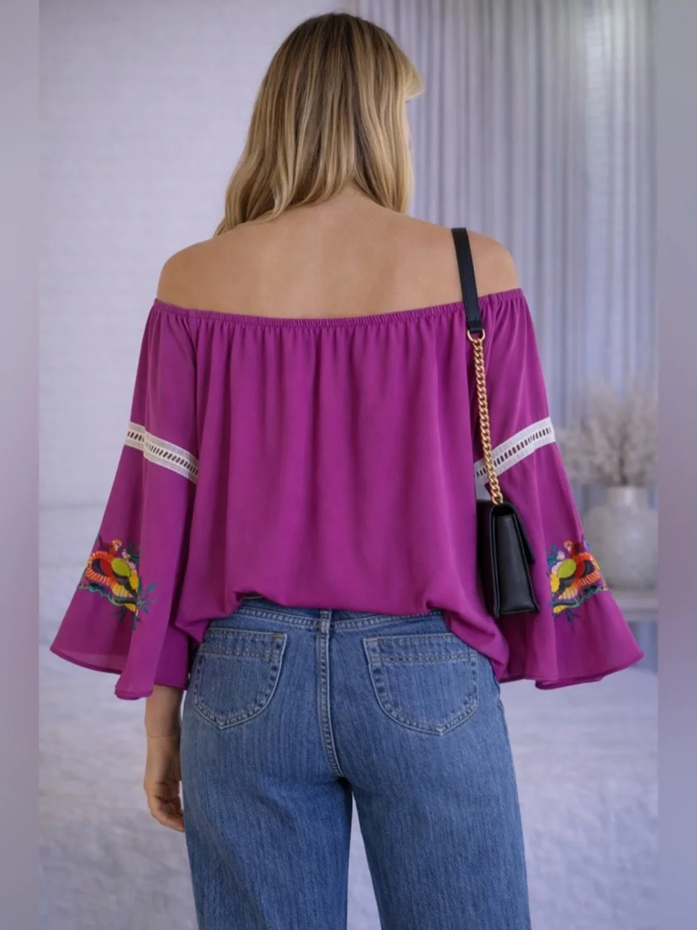 Vava by Joy Han Embroidered Off Shoulder Blouse Pink Boho Peasant Top | Size XS - Picture 3 of 10